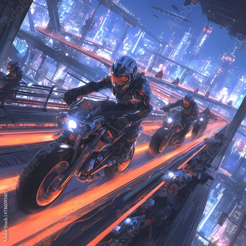 Exciting Nighttime Motorcycle Race Through City Skyline © RobertGabriel