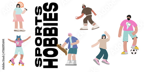 Set of cartoon characters doing sports, flat vector sport hobbies illustrations, football, rugby, badminton, rollerblading, chess, skateboarding, sports equipment icons
