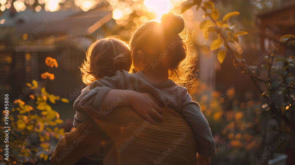 Fototapeta premium A tender moment as a mother holds two young children, their backs to the camera, against a sunset-lit home backdrop.