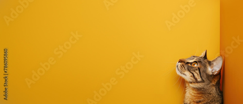 Side profile of a tabby cat attentively looking off frame, contrasting sharply with an orange background photo
