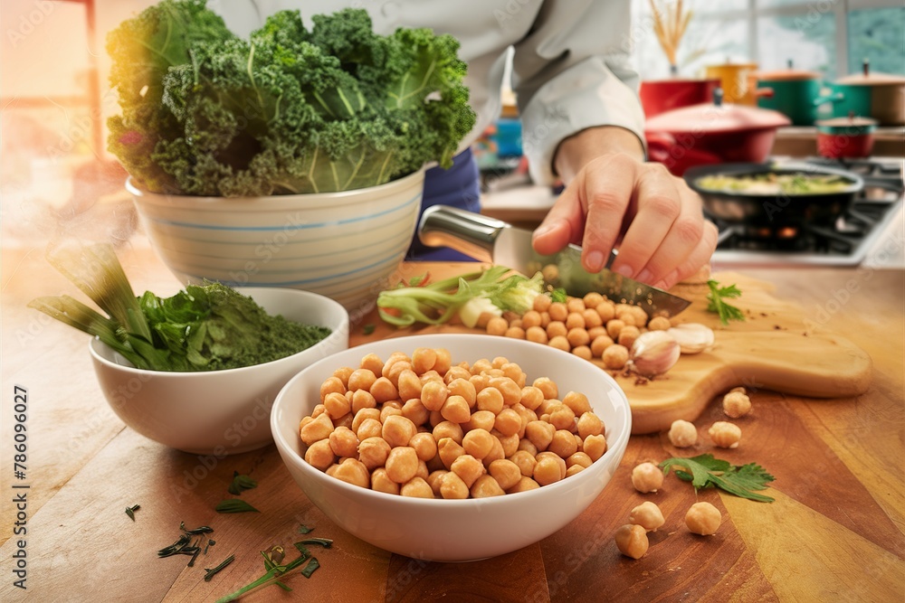 Cooking with kale and chickpeas - ingredients on the table