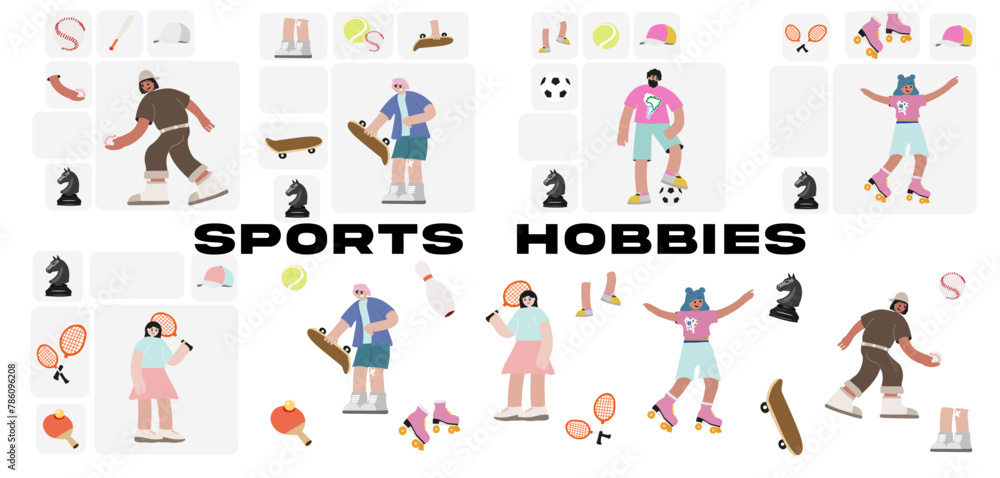 Set of cartoon characters doing sports, flat vector sport hobbies illustrations, football, rugby, badminton, rollerblading, chess, skateboarding, sports equipment icons