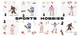 Set of cartoon characters doing sports, flat vector sport hobbies illustrations, football, rugby, badminton, rollerblading, chess, skateboarding, sports equipment icons