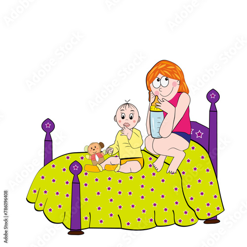 Mujer y su bebé sentados en la cama.