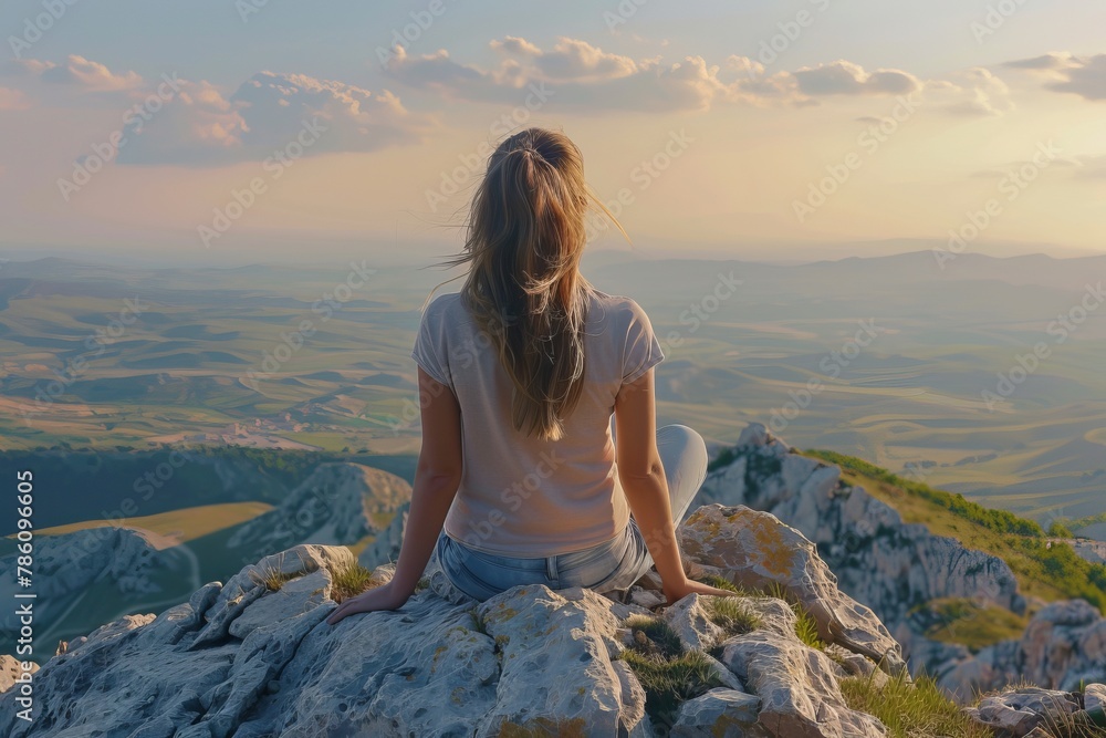Young woman looking out at the view from top of the mountain. AI generative