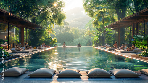 Wellness retreat setting, with people engaging in yoga, meditation and healthy dining options. Promoting holistic well-being and self-care in tranquil environment