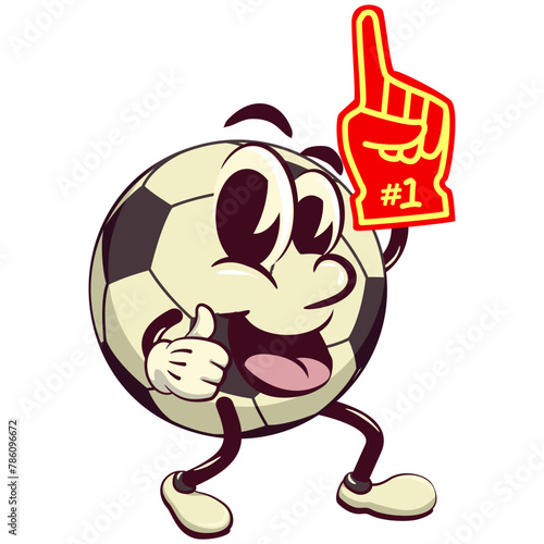 football soccer ball cartoon vector isolated clip art illustration mascot raising a foam finger, vector work of hand drawn