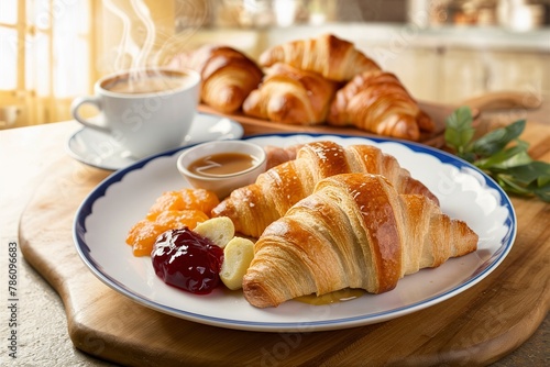 Freshly baked croissants with honey  jam and coffee for breakfast