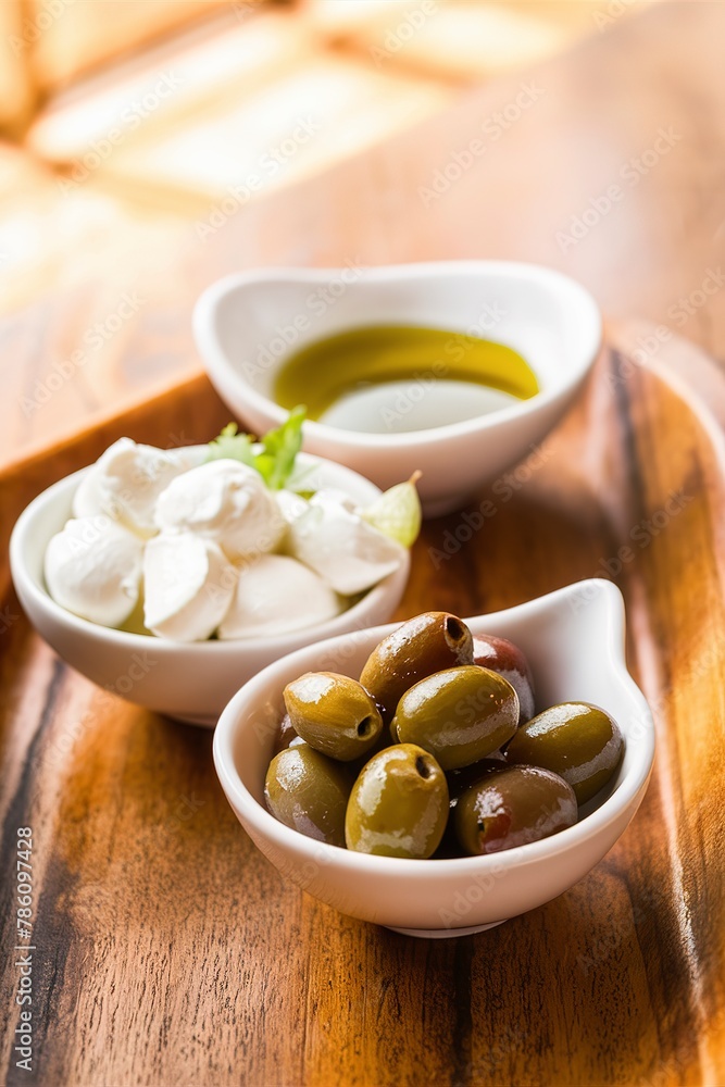 Olive oil, olives and mozzarella in little bowls Olive oil, olives and mozzarella in little bowls
