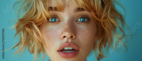 Stunned Blonde with Wide Eyes on Blue. Concept Portrait, Expression, Blonde Hair, Wide Eyes, Blue Background photo