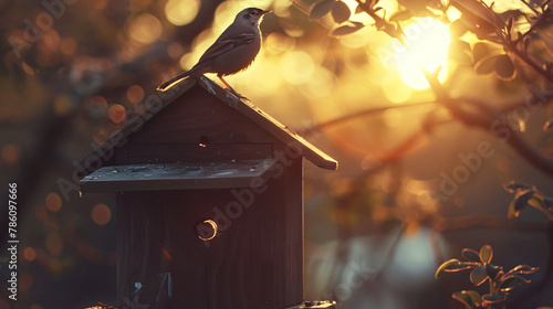 A bird perches on top of a birdhouse in the warm glow