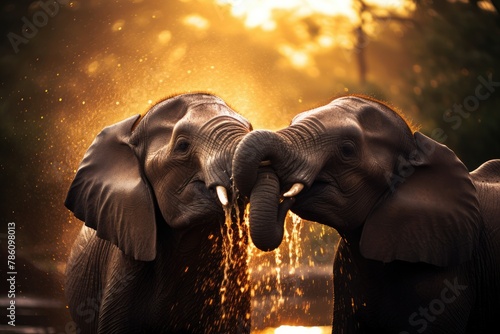 Elephants spraying water on each other in a bokeh-lit safari setting.