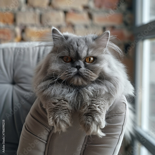 Close-up portrait of a Persian cat against the background of a home interior.