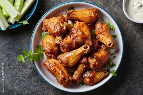 Sweet and spicy chicken wings with glaze served with celery sticks and ranch dressing © Valentin