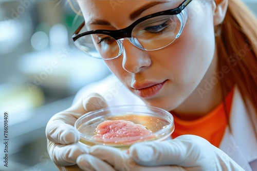 A young female biologist in a white coat and protective medical glasses examines a piece of synthetic artificial meat lying on a chemical Petri dish.