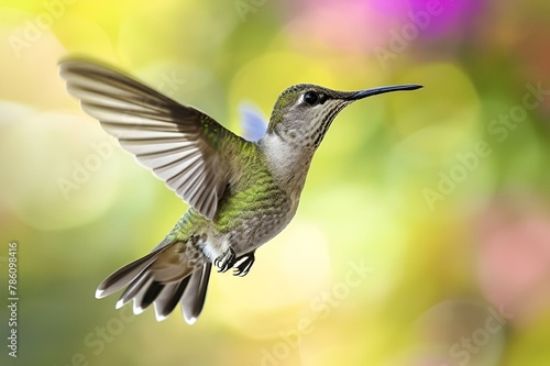 Single hummingbird in flight against a blurred background, AI-generated.