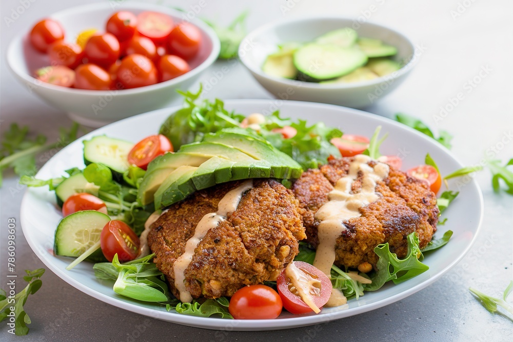 Vegan chickpeas burgers with salad on a white plate Vegan chickpeas burgers with salad on a white plate