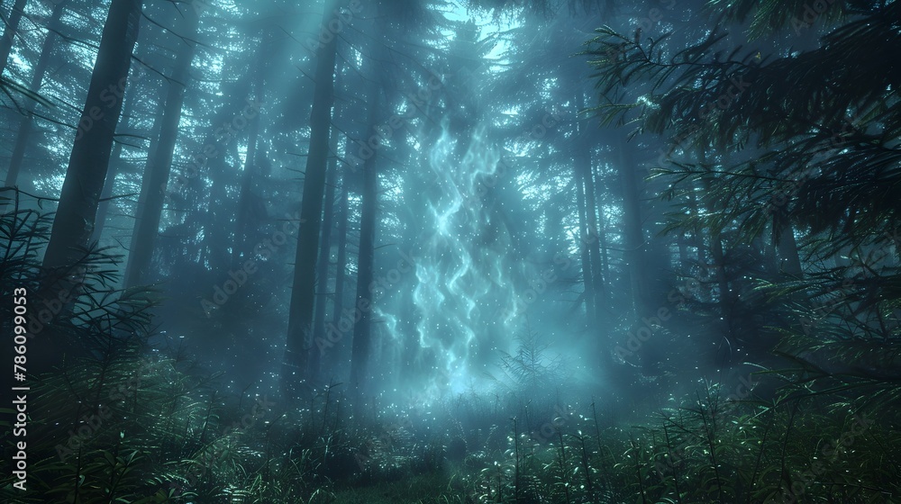 Obraz premium Mystical spirits casting ancient spells in a dark dense forest with their magical glow illuminating the enchanted undergrowth