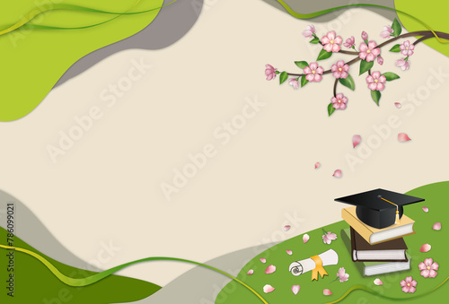 Paper cut style graduating greeting or invitation card template  with cherry bloossom branch, grad hat ,books. Graduation cherry blossom background  illustration .Free copy space .