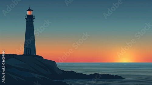 AI generated illustration of a minimalistic lighthouse near the sea at sunset