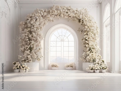 Generative AI of white room with arch and flowers in the wall