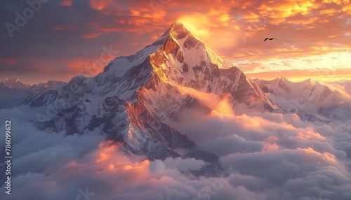 Great snowy mountain higher than the clouds - generated by AI © Wirestock