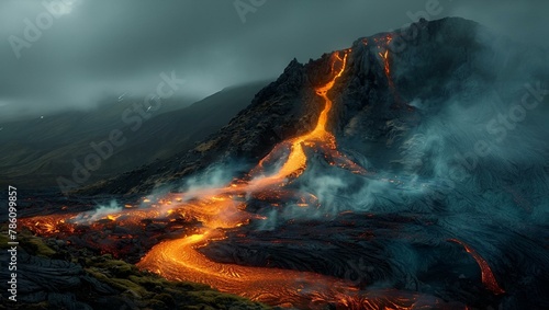 AI-generated illustration of lava streaming from the mountain