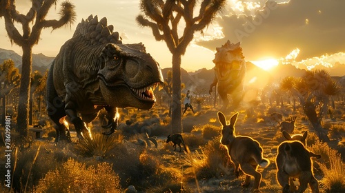 AI generated illustration of A massive dinosaur roaming a desert landscape © Wirestock