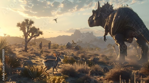 a large dinosaur is moving through a desert in this scene photo