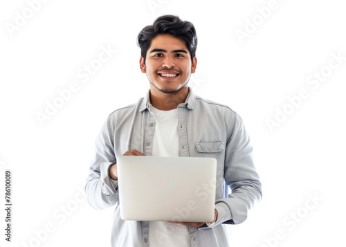 Smiling Man with Laptop on Transparent Background