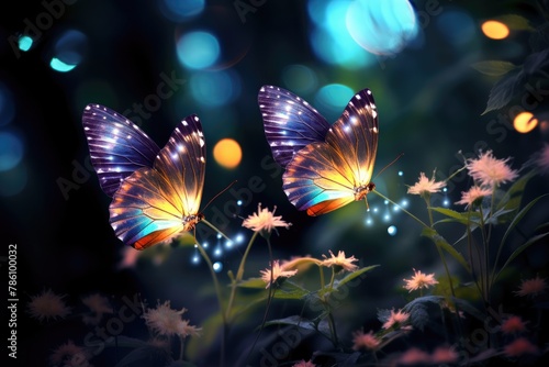 Butterflies fluttering around flowers with twinkling lights.