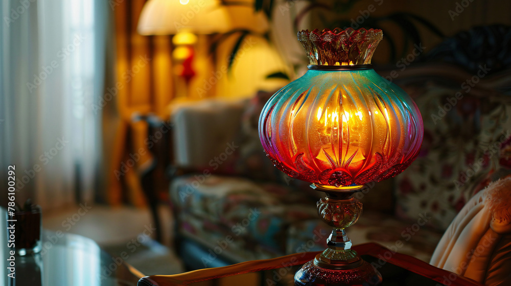 A colorful lamp with a glass top on a table