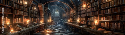 Enchanting Vault of Arcane Manuscripts Casting Spellbinding Illumination in a Gothic Cathedral Library