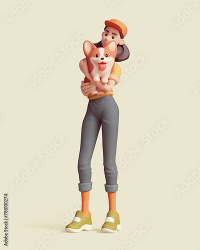 Young cute kawaii positive excited smiling asian active k-pop girl wears fashion casual clothes, blue jeans, yellow t-shirt, cap, holds fluffy playful corgi dog with her hands. 3d render pastel colors