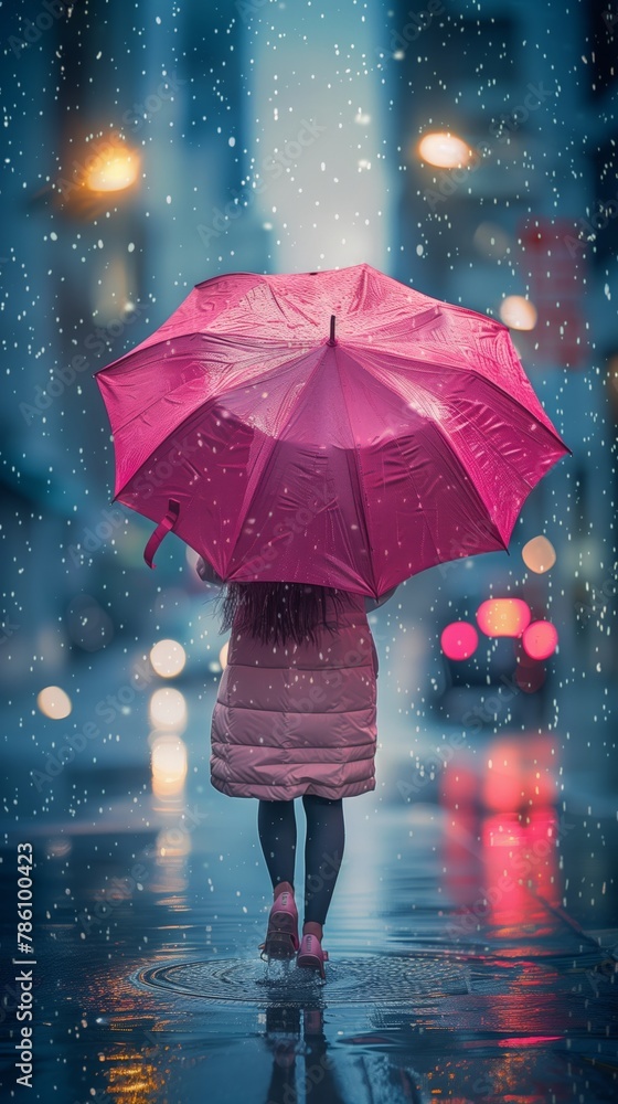 A gentle dance of raindrops, a vibrant umbrella offers a solitary figure refuge under city lights.
