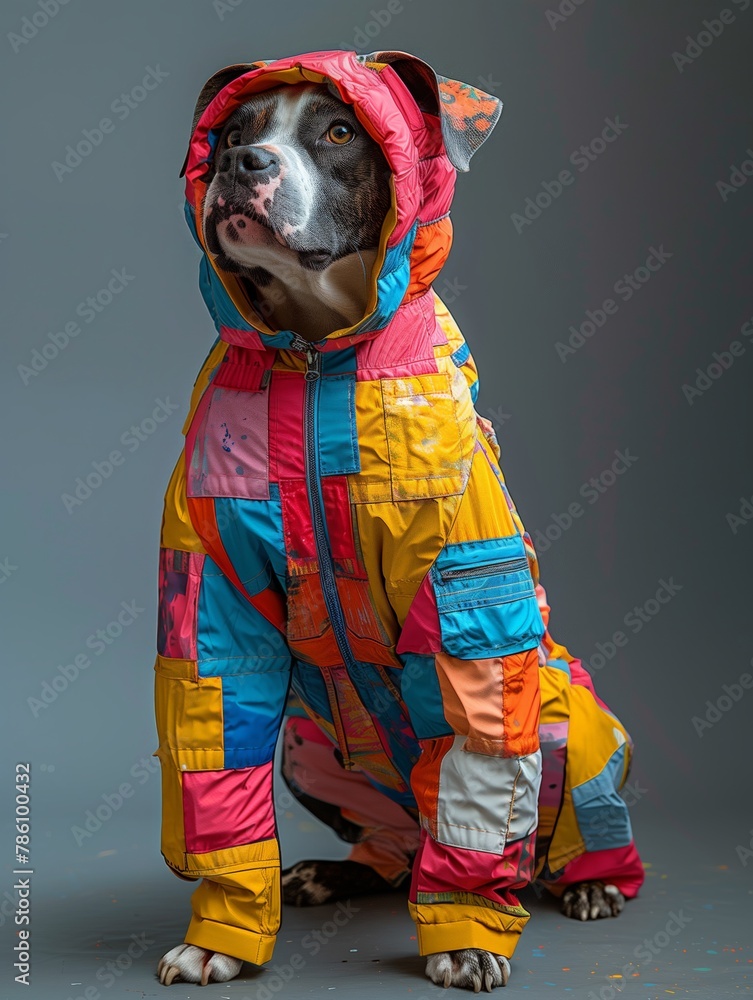 Donned in a quilt of vibrant hues, this pooch strikes a pose with an air of playful confidence