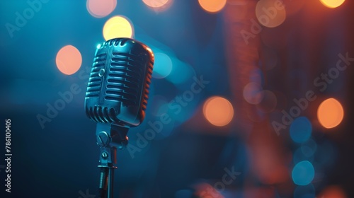 Bathed in a sea of bokeh lights, a vintage microphone awaits the crooner's soulful serenade photo