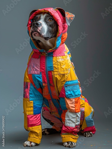 Donned in a quilt of vibrant hues, this pooch strikes a pose with an air of playful confidence