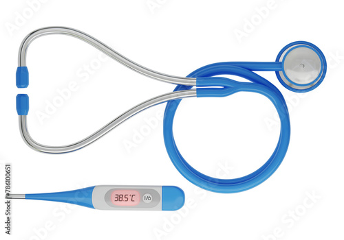 Termometro digitale e stetoscopio su sfondo trasparente, illustrazione 3d © alexmat46