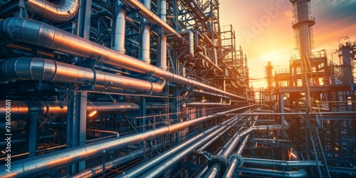 AI generated illustration of pipes in use at a sunset oil refinery