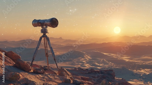 A telescope is on a tripod on a rocky hillside photo
