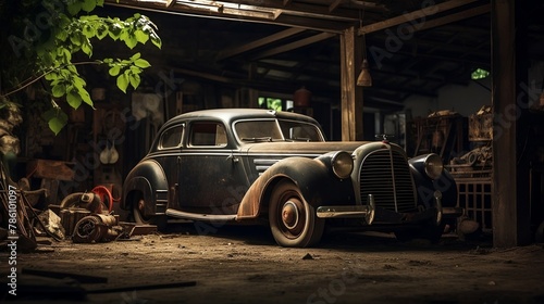an old car sitting in the middle of a garage under an overhang