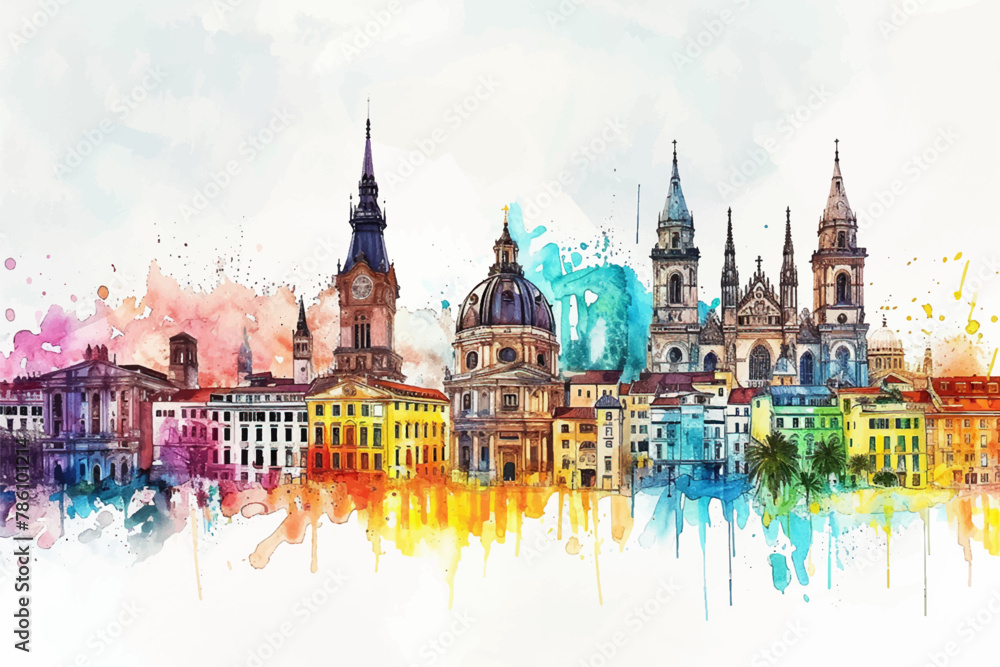 Collection of architectural landmarks around the world watercolor illustration