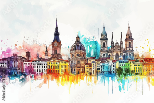 Collection of architectural landmarks around the world watercolor illustration