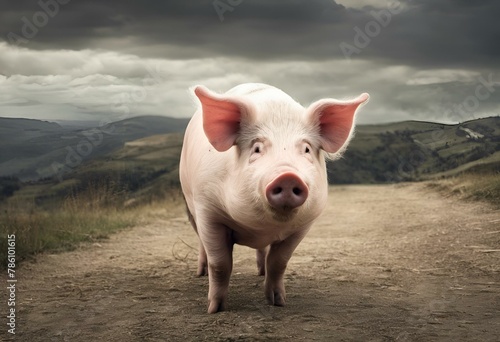 a pig is standing on the side of the road in front of a mountain © Wirestock