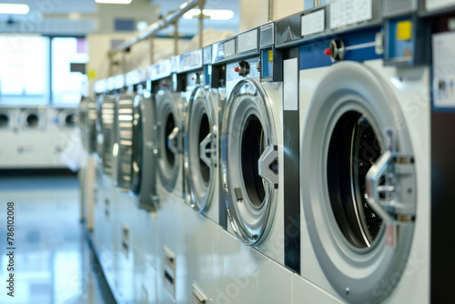 Professional laundry with a many wasing machines. AI generative photo