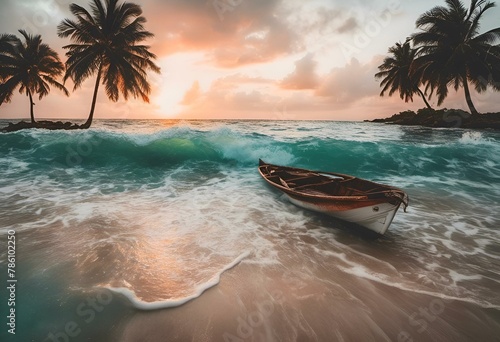 AI generated illustration of a boat near shore with palm trees