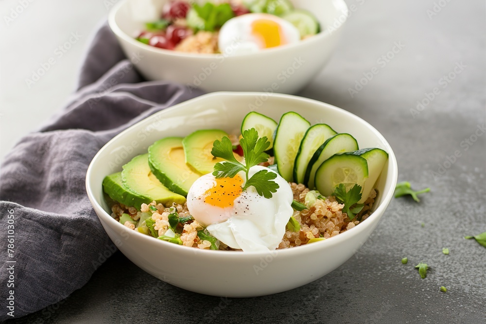 Green and healthy vegetarian grain bowl with quinoa, avocado, cucumber and poached egg