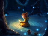 A child finds solace in a whimsical winter forest, illuminated by the gentle glow of a candle and the soft luminescence of mystical blue orbs