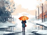 A solitary figure with a vibrant umbrella provides a splash of color against the muted tones of a reflective winter's walk